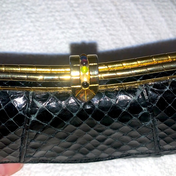 Judith Lieber Vintage Black Leather And Python Snakeskin Clutch/Wallet - Picture 3 of 7